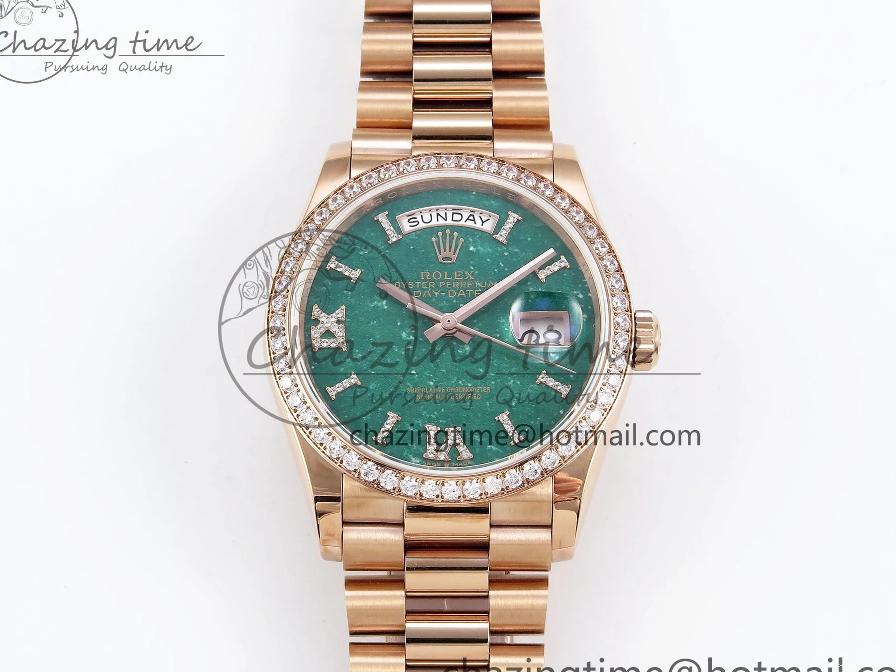 Good Copy Rolex Watches Edition RG on TWSF 36 Diamonds Diamonds Date Bezel Day SmartChoice Green 1608 Best Dial Roman RG A Bracelet 0114